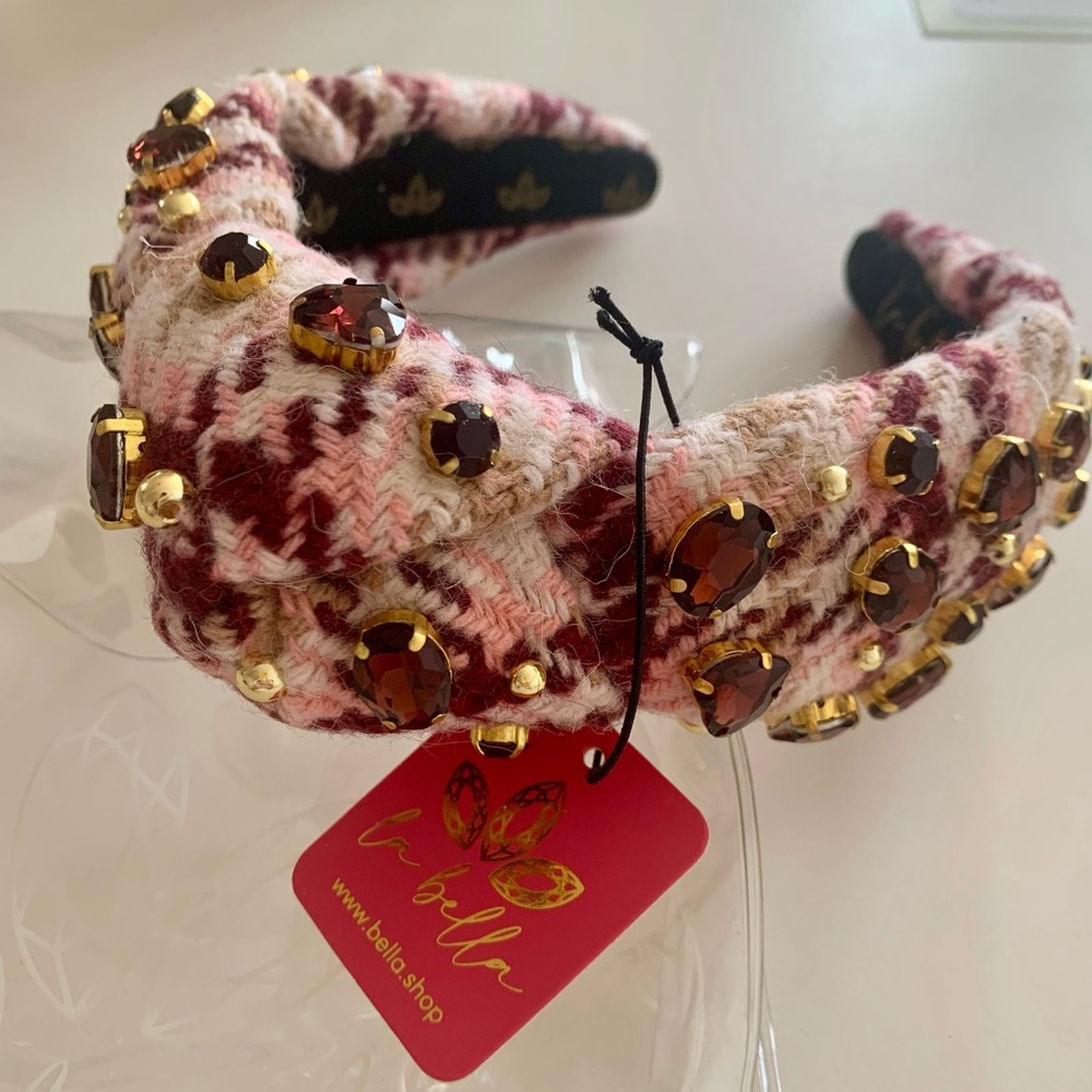 La Bella Wine Plaid Tweed Jeweled Headband
